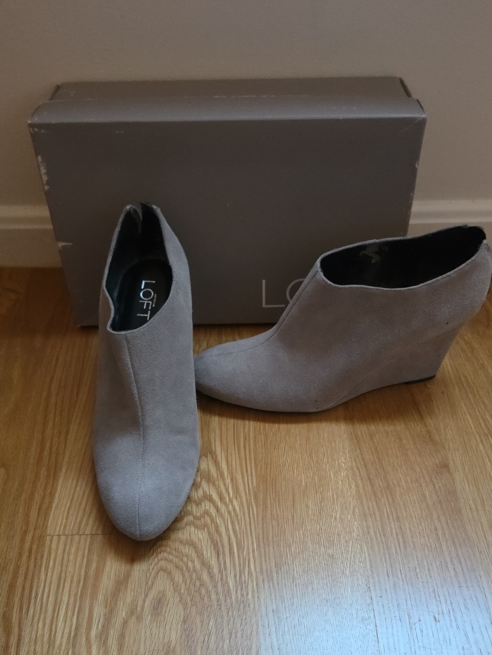LOFT Light Gray Suede Wedge Booties